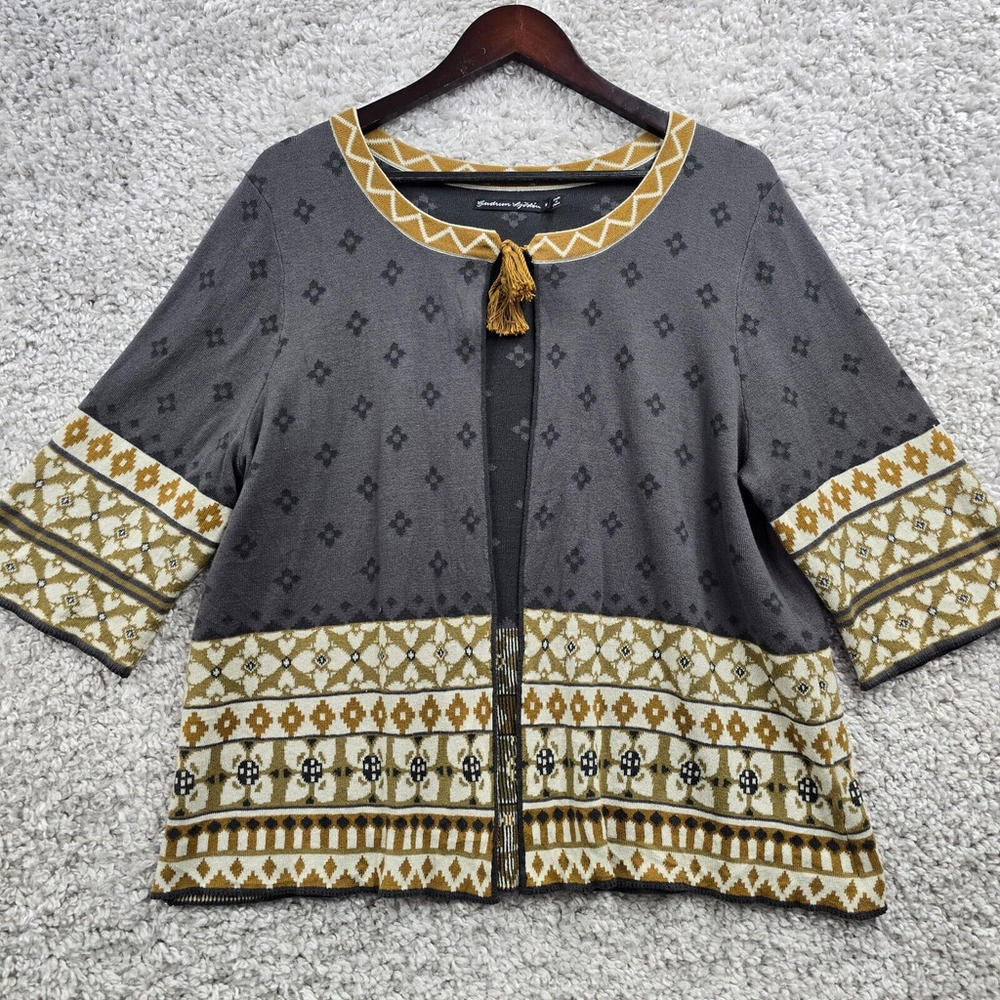 Gudrum Sjoden Cardigan Womens Medium 3/4 Sleeve Tassels Geometric READ